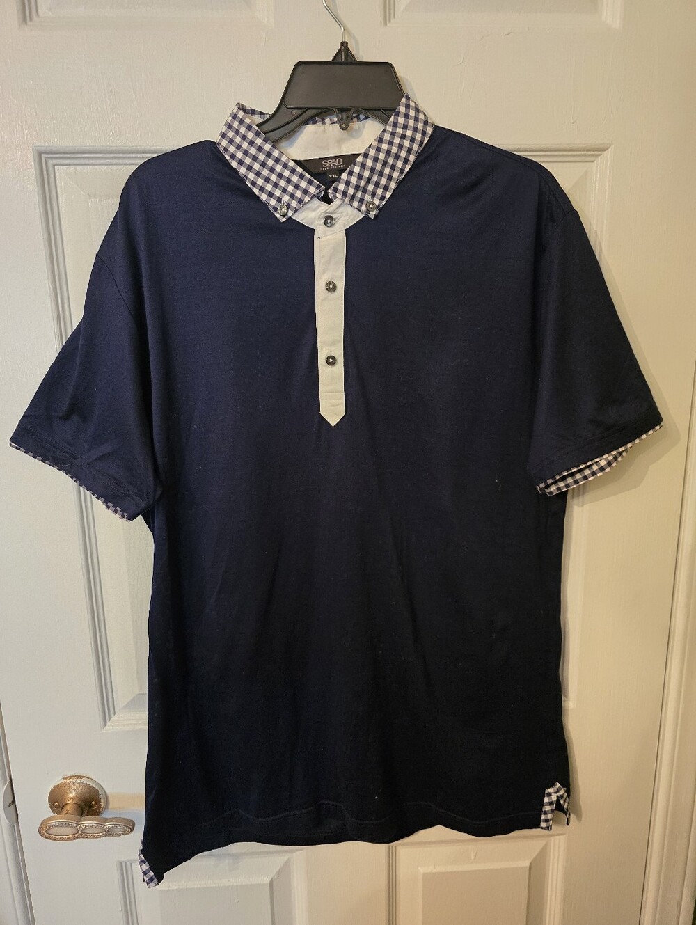 Navy Polo with Checked Collar and Trim